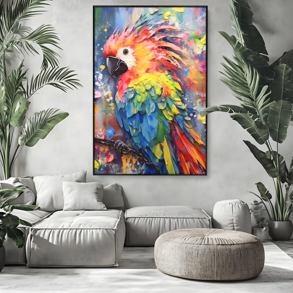 Tablou canvas cu tablou canvas cu papagal colorat, in rama de aluminiu negru, pe perete intr-un living